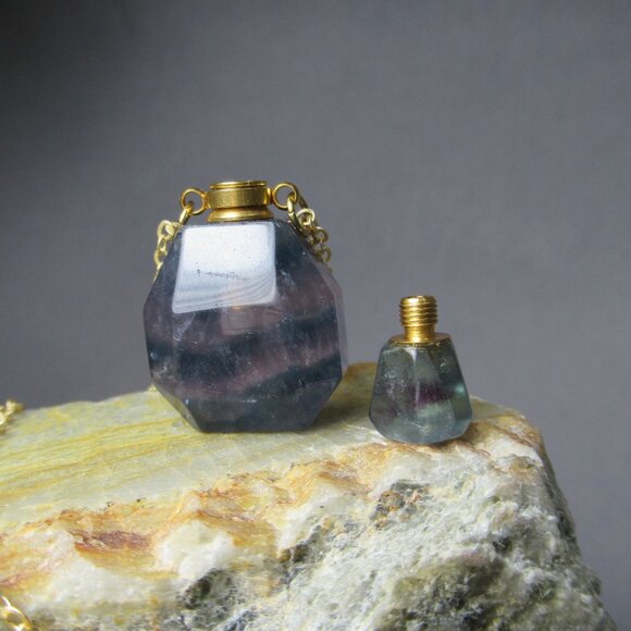 Gemstone Perfume Bottle, Rainbow Fluorite and Brass - Picture 2 of 6